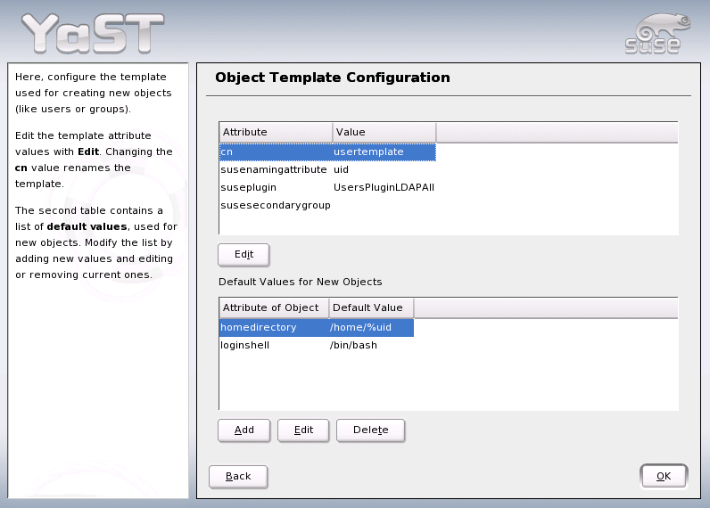 YaST: Configuration of an Object Template