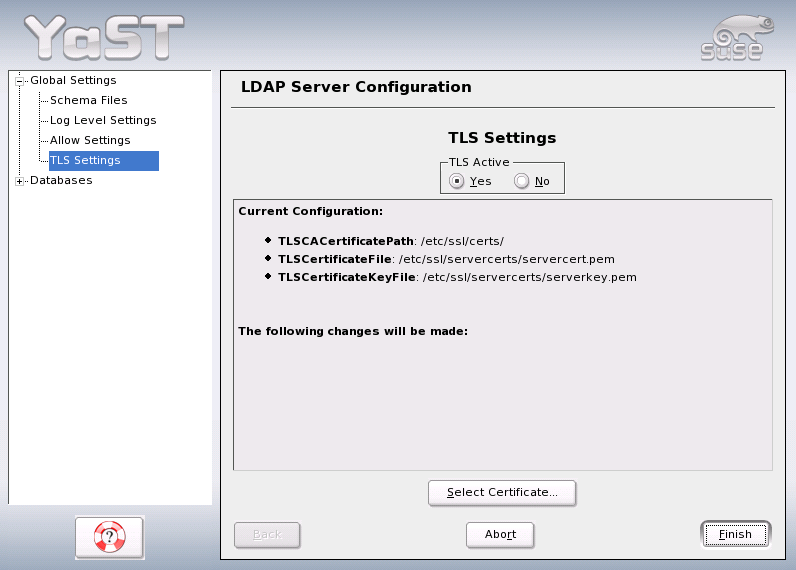 YaST OpenLDAP Server Configuration: TLS
